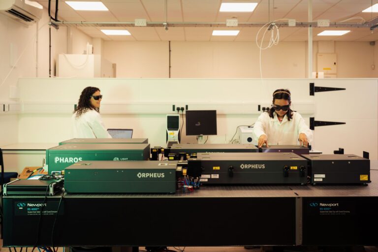 Laser spectrometer setup for the High-Throughput 2D-IR Analysis of Biomolecules Under Physiological Conditions project at the University of York’s HT-2D-IR Facility, featuring Light Conversion’s Yb-based PHAROS femtosecond lasers and ORPHEUS OPAs, supplied by Photonic Solutions Ltd.