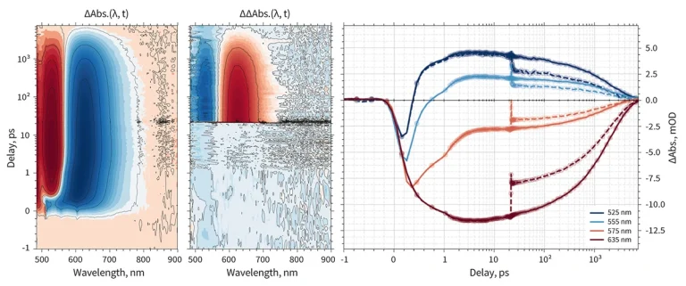 Pump-dump-probe dynamics of DCM laser dye with dump pulse resonant to the emission band of DCM.