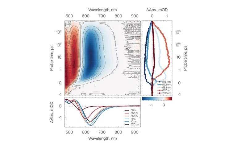 Spectral dynamics of DCM laser dye in solution acquired using HARPIA-LIGHT.