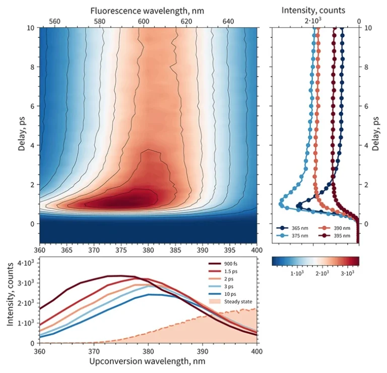 Fluorescence dynamics of DCM laser dye in solution acquired using HARPIA-TF in fluorescence upconversion mode