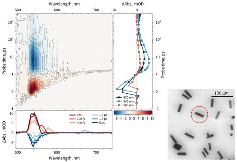 Single perovskite crystallite pump-probe spectral kinetics, pump at 400 nm. Pump-probe spot marked by the small circle