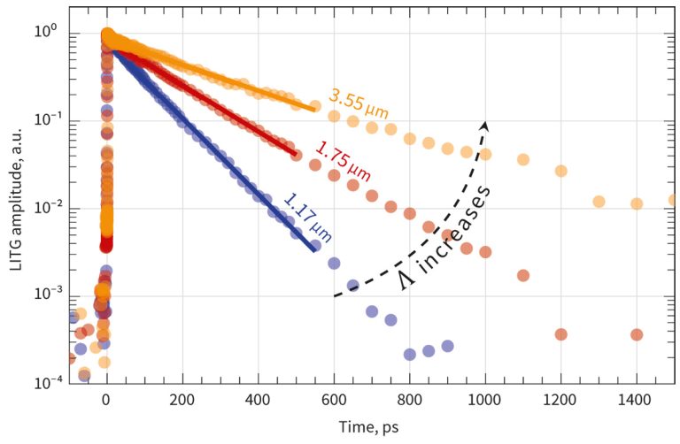 Transient decay dynamics are measured at various grating periods